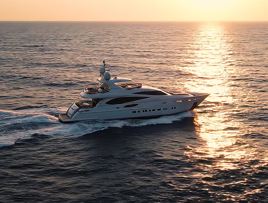 A white superyacht cruising in side profile across open ocean at golden hour