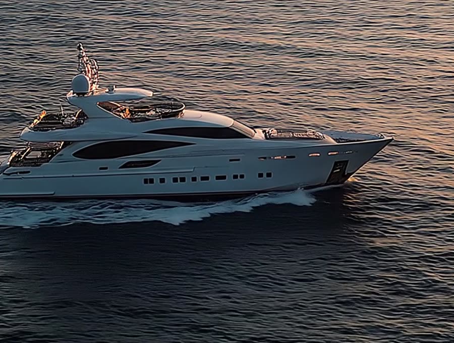 Close view of the yacht&rsquo;s superstructure catching the last light